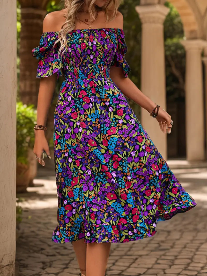 Bohemian Off-Shoulder Maxikleid - Blumendruck, lange Ärmel & anmutig für Sommer, Party & Urlaub