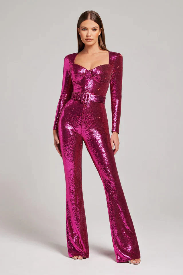 Pailletten-Jumpsuit mit Korsett-Detail und ausgestelltem Bein