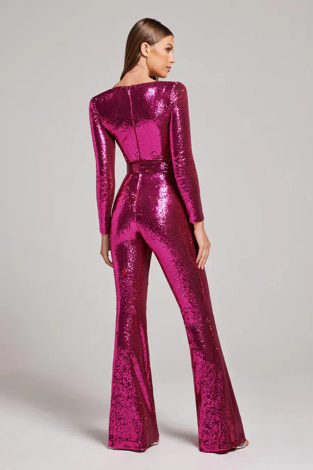 Pailletten-Jumpsuit mit Korsett-Detail und ausgestelltem Bein