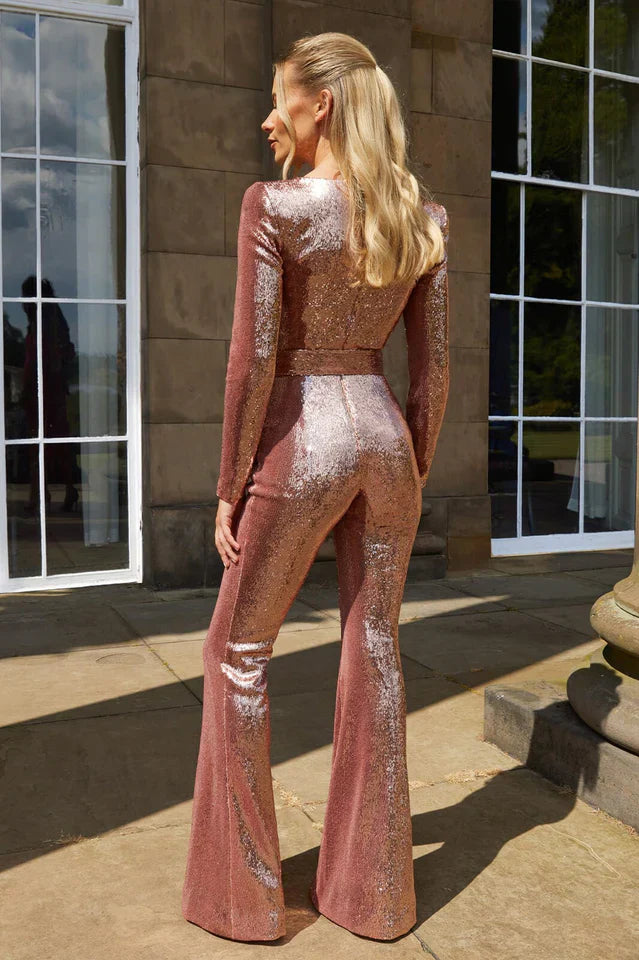 Pailletten-Jumpsuit mit Korsett-Detail und ausgestelltem Bein