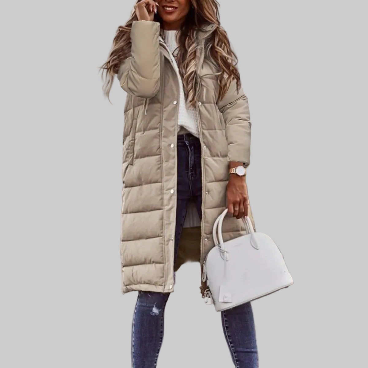 Gesteppte lange Kapuzenjacke für Damen
