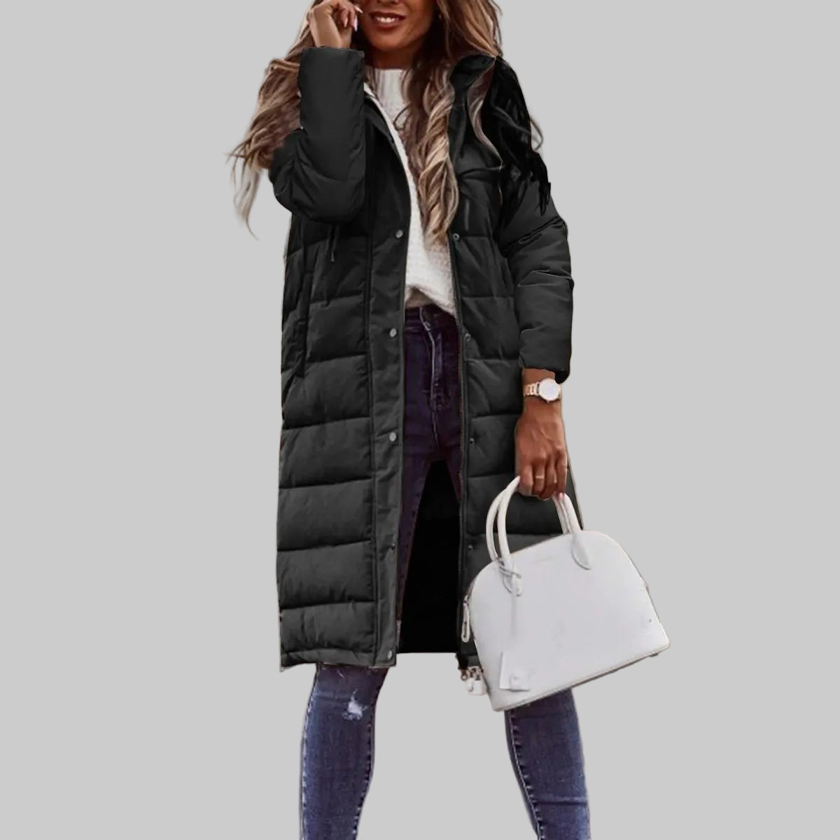 Gesteppte lange Kapuzenjacke für Damen