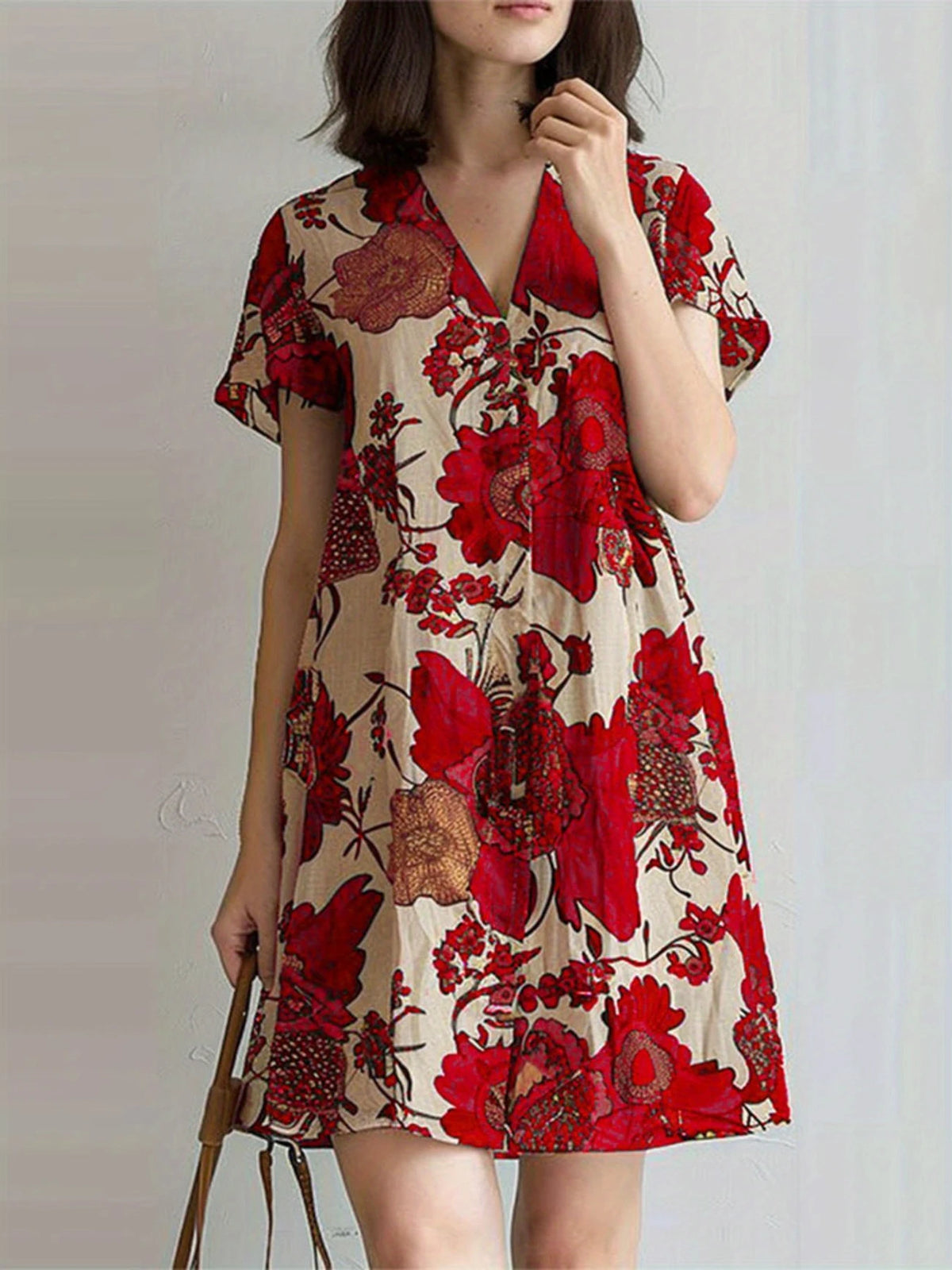 Vintage Blumenkleid mit V-Ausschnitt – A-Linie, Kurzarm, Leicht & Luftig für Alltag, Freizeit & Urlaub