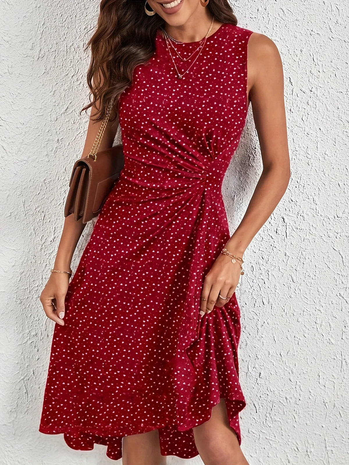 Kleid mit Herzmuster – Ärmellos, Rüschentasche, Mid-Length, Perfekt für den Alltag und das Pendeln, Leicht