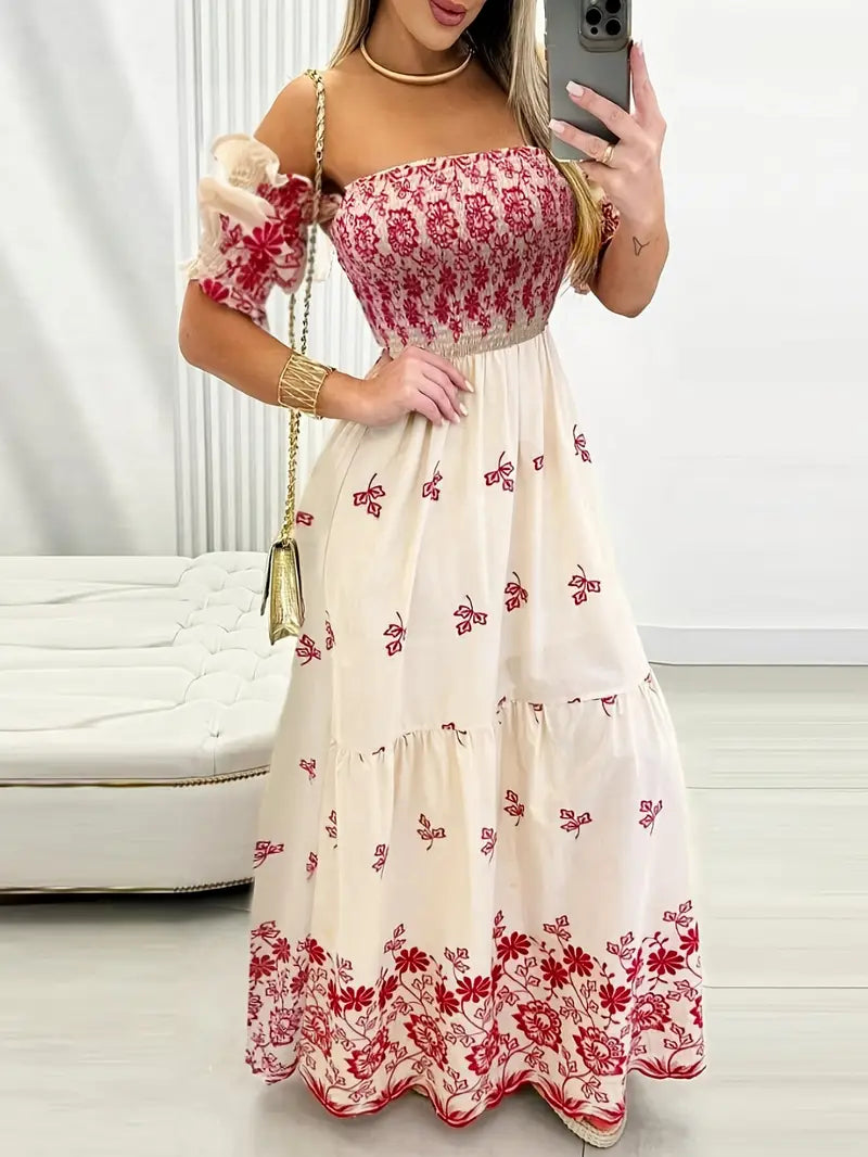 Schmeichelhaftes Maxikleid mit Blumenmuster - schulterfrei, lange Ärmel und bequeme Passform