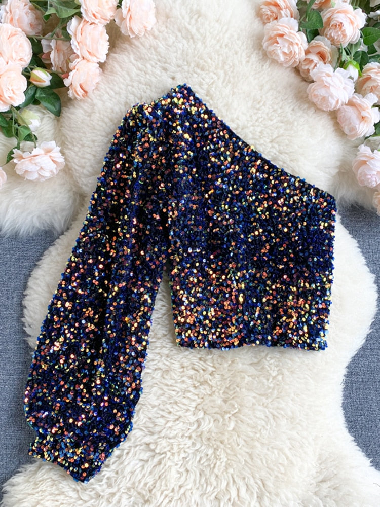 Fleur Glitter One Shoulder Top Farromode afbeelding 1