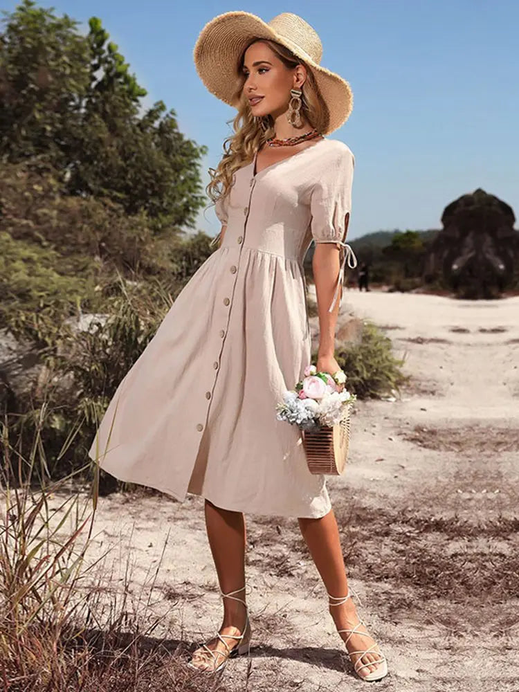 Frühlings-/Sommerkleid aus Baumwolle mit V-Ausschnitt