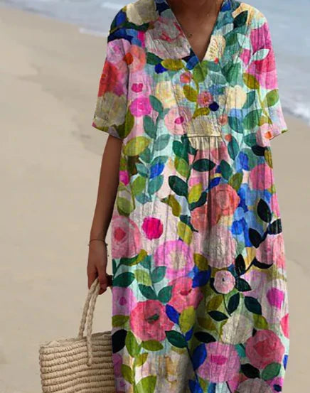 Frühlingshaftes, farbenfrohes, bequemes Kleid mit Blumenmuster