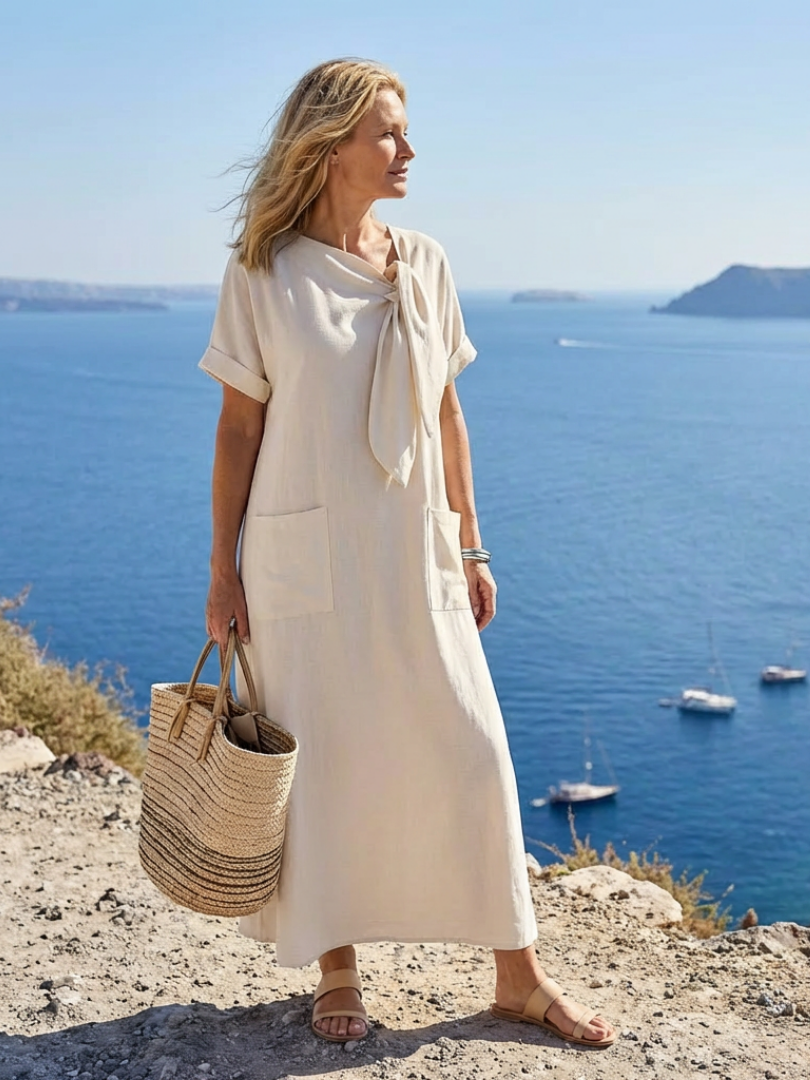 Damen Bequemes Rundhals-Maxikleid mit Kurzen Ärmeln