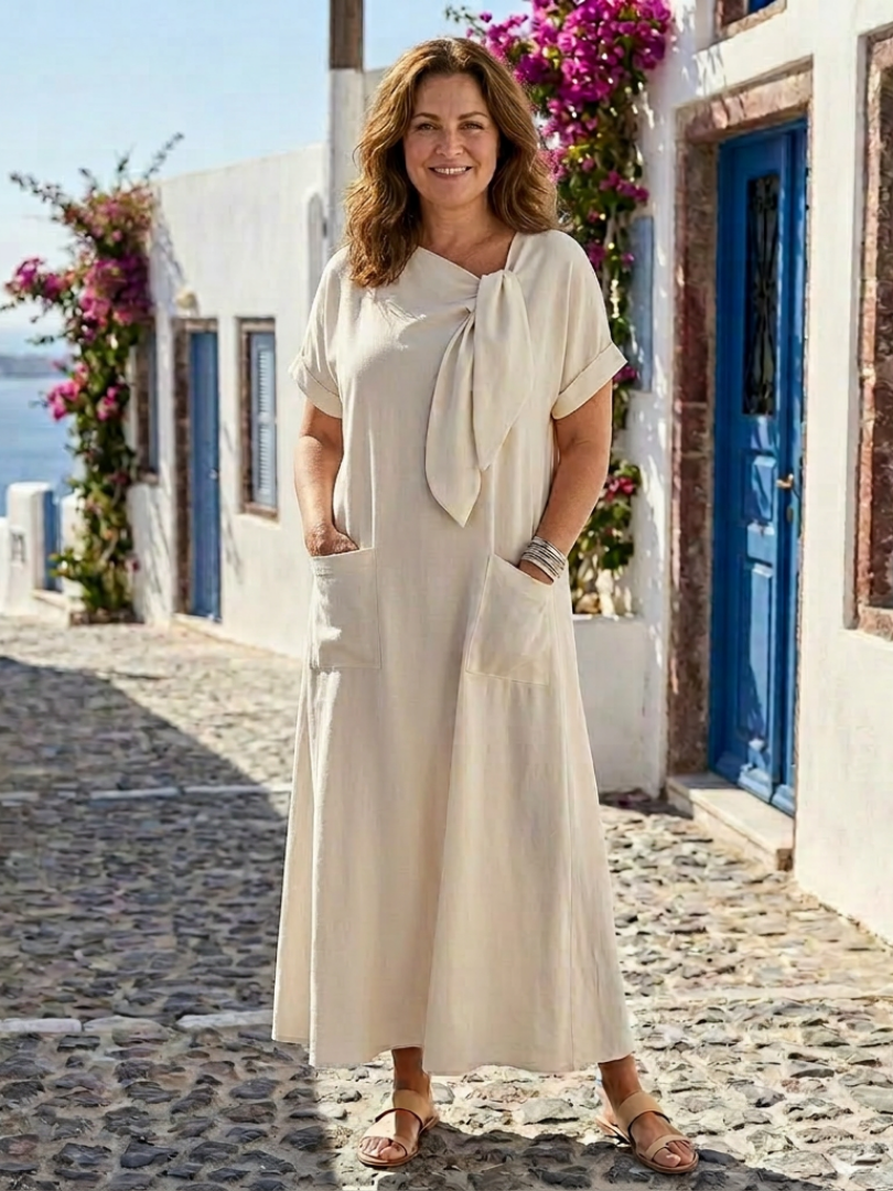 Damen Bequemes Rundhals-Maxikleid mit Kurzen Ärmeln