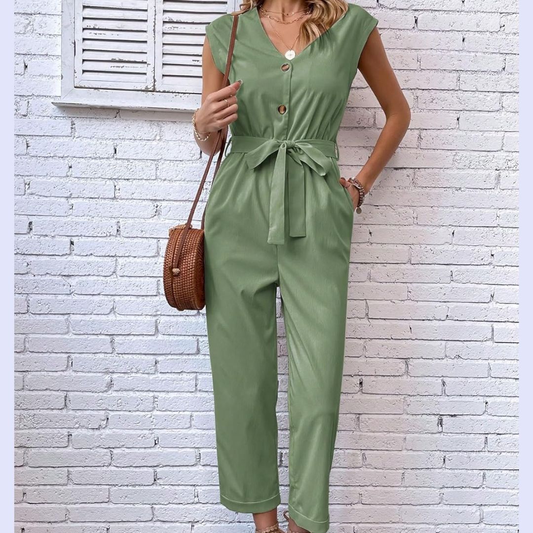 Kurzarm-Jumpsuit mit V-Ausschnitt für Damen