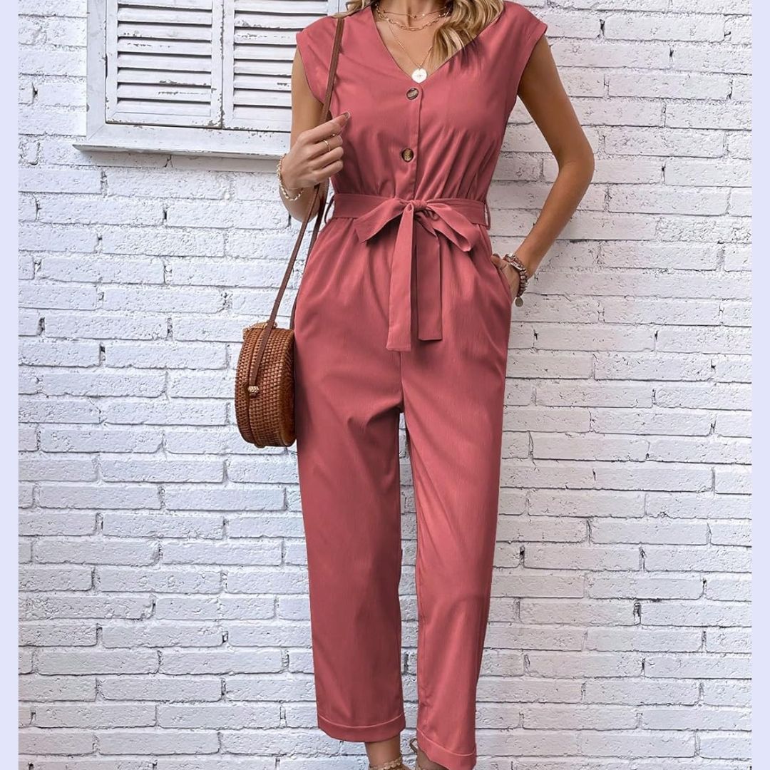 Kurzarm-Jumpsuit mit V-Ausschnitt für Damen