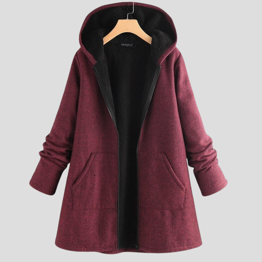 Einfarbiger Fleece-Kapuzenmantel für Damen
