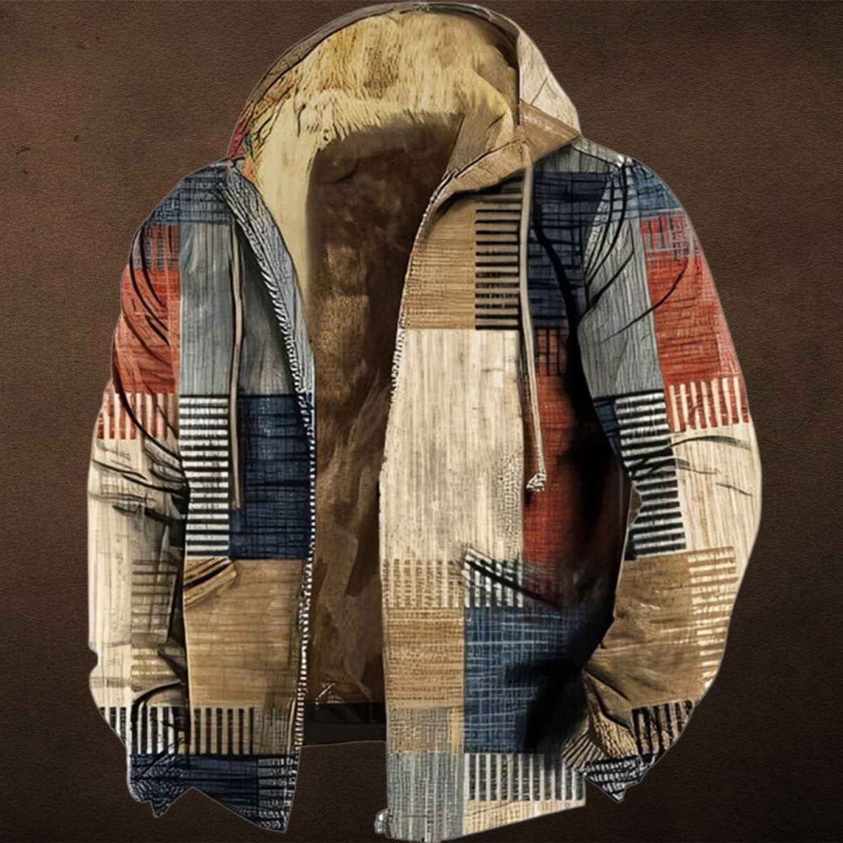 Herren gefütterte Patchworkjacke im Vintage-Stil mit Kapuze