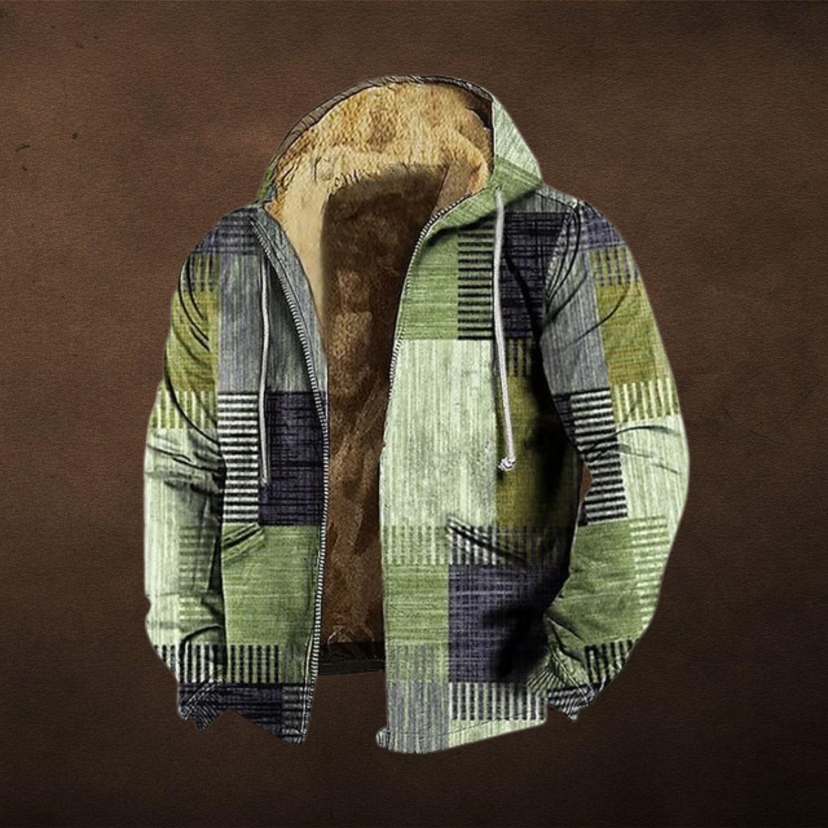 Herren gefütterte Patchworkjacke im Vintage-Stil mit Kapuze