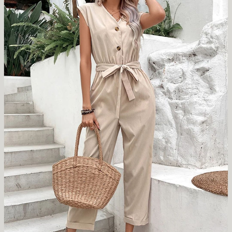Kurzarm-Jumpsuit mit V-Ausschnitt für Damen