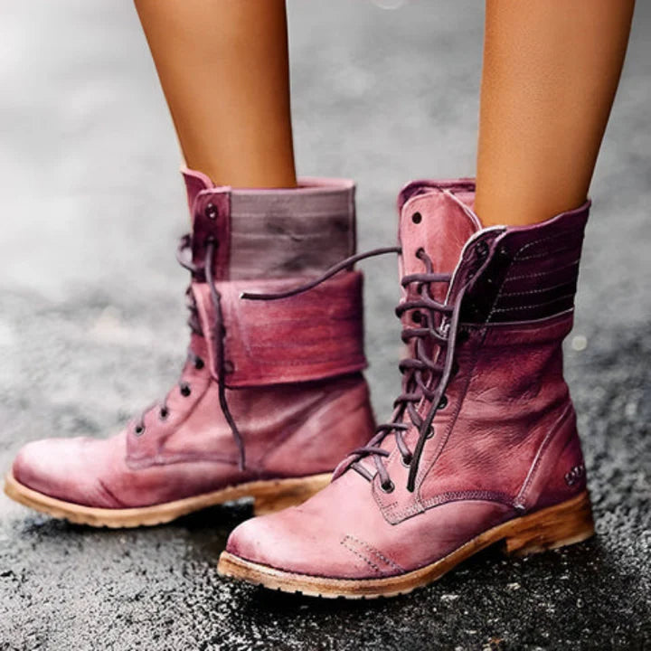 Retro-Vintage-Lederstiefeletten mit Schnürung für Damen