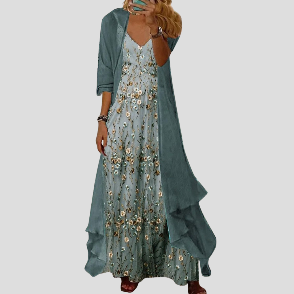 Zweiteiliges Set für Damen mit Blumenmuster in Grün – 3/4-Ärmel und V-Ausschnitt