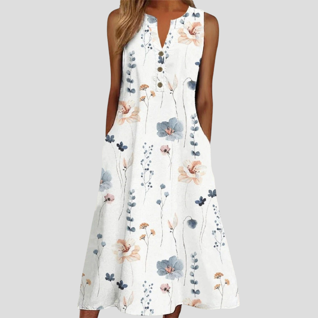 Weißes ärmelloses Kleid mit V-Ausschnitt und Blumenprint für Damen