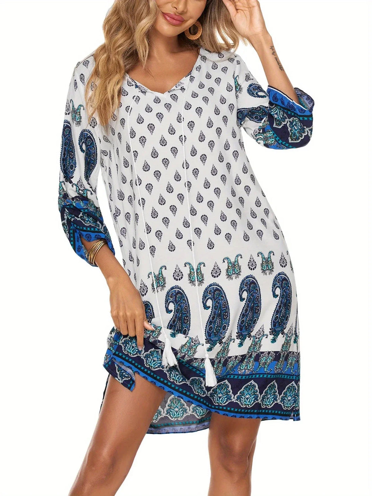 Boho Floral Kleid für Frauen - luftiges Sommerkleid mit 3/4 Ärmeln, Schleifenband in der Taille und lässiger Passform