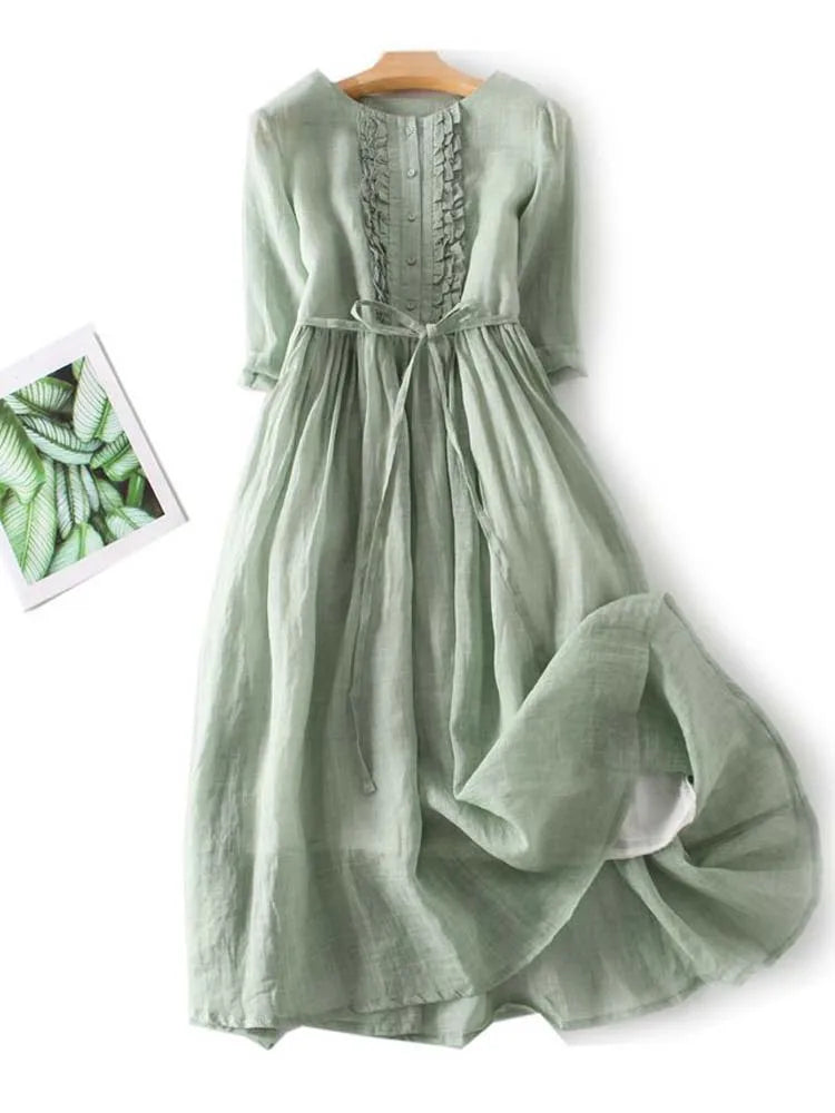 Stilvolles Leinenkleid mit Knopfleiste und V-Ausschnitt