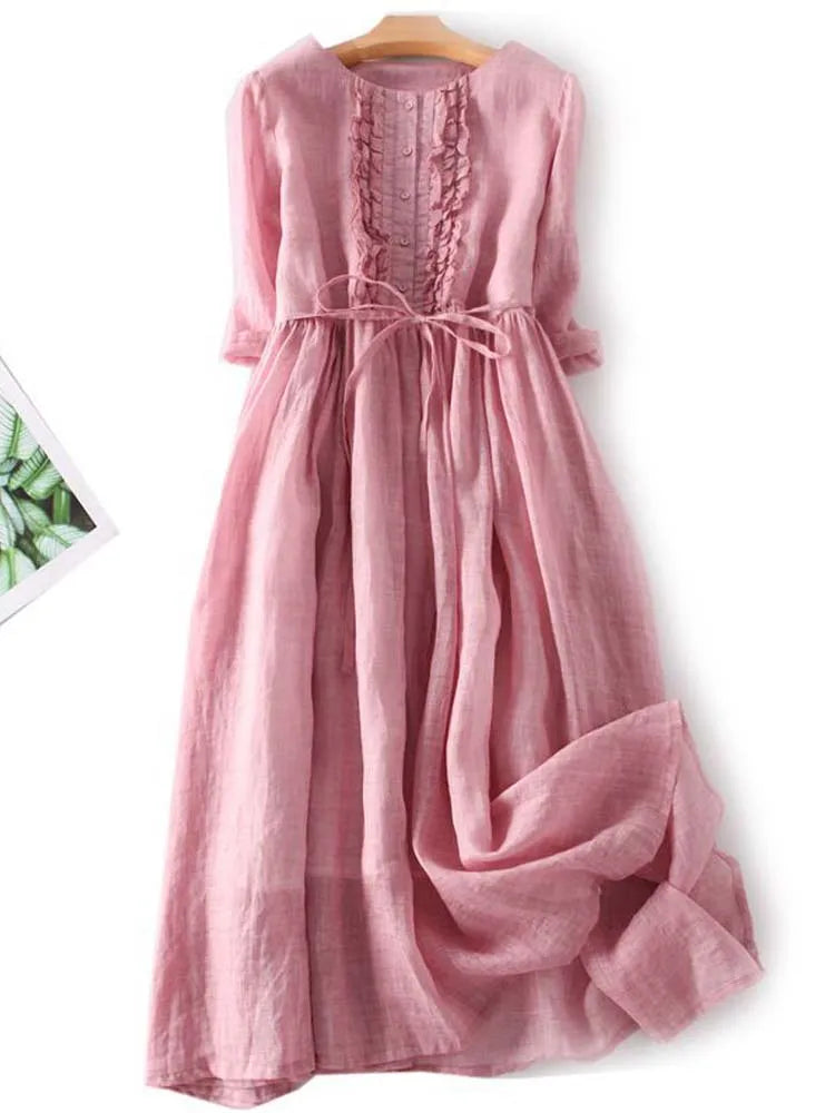 Stilvolles Leinenkleid mit Knopfleiste und V-Ausschnitt