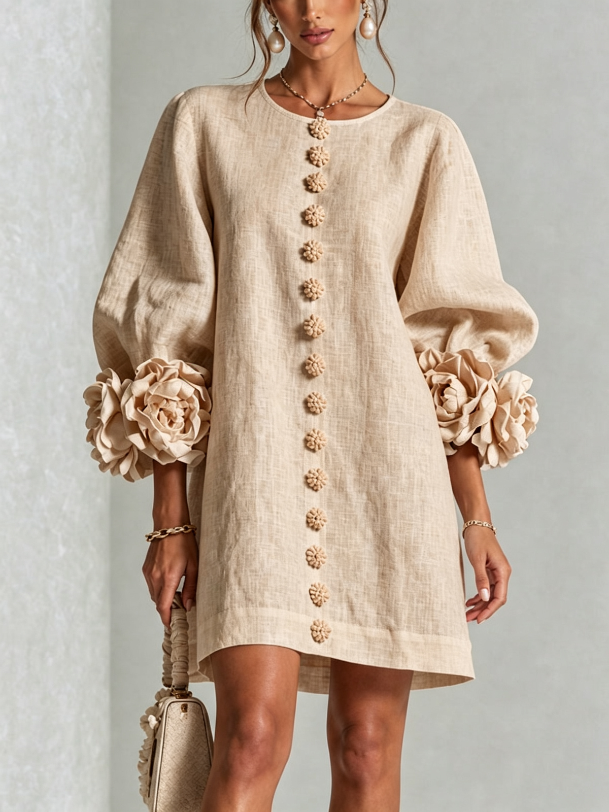 Damen Romantisches Minikleid mit Rosen an den Ärmelbündchen