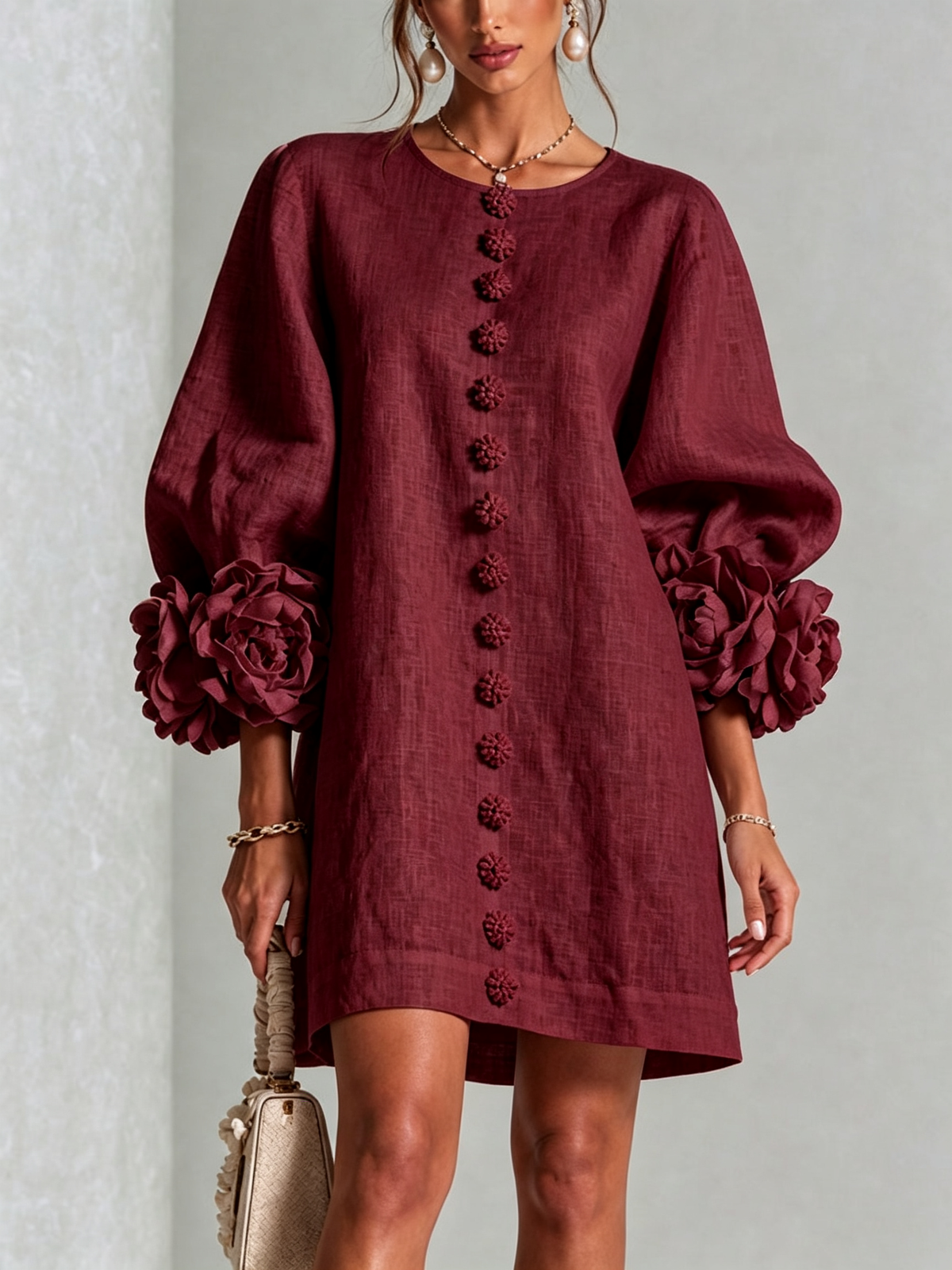 Damen Romantisches Minikleid mit Rosen an den Ärmelbündchen