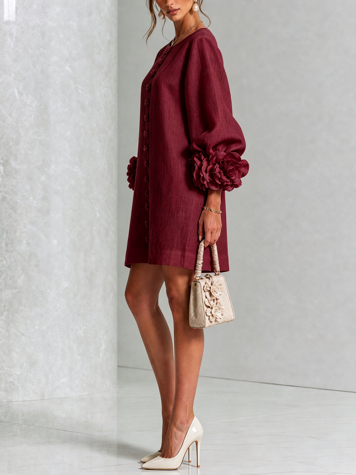 Damen Romantisches Minikleid mit Rosen an den Ärmelbündchen