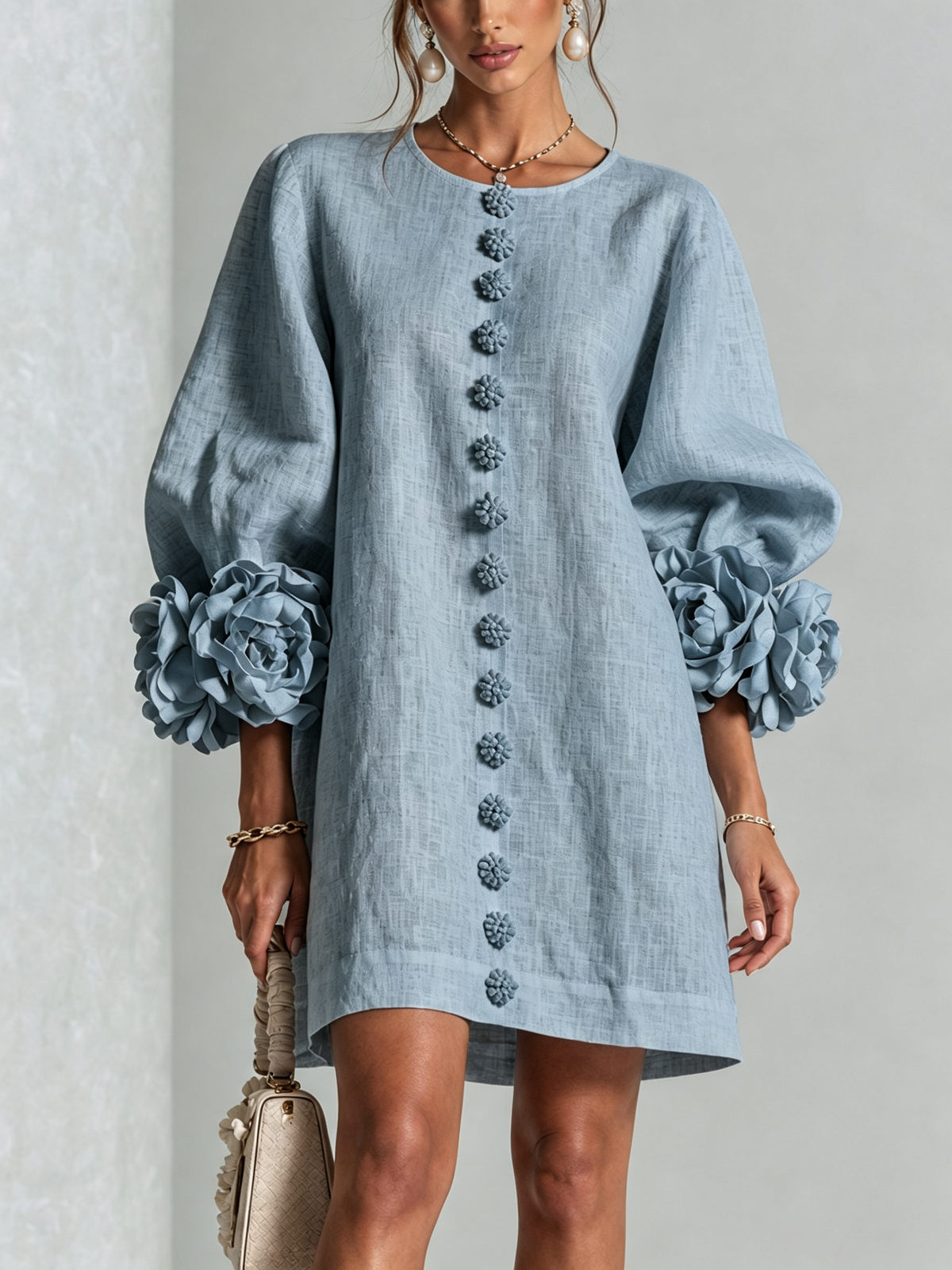 Damen Romantisches Minikleid mit Rosen an den Ärmelbündchen