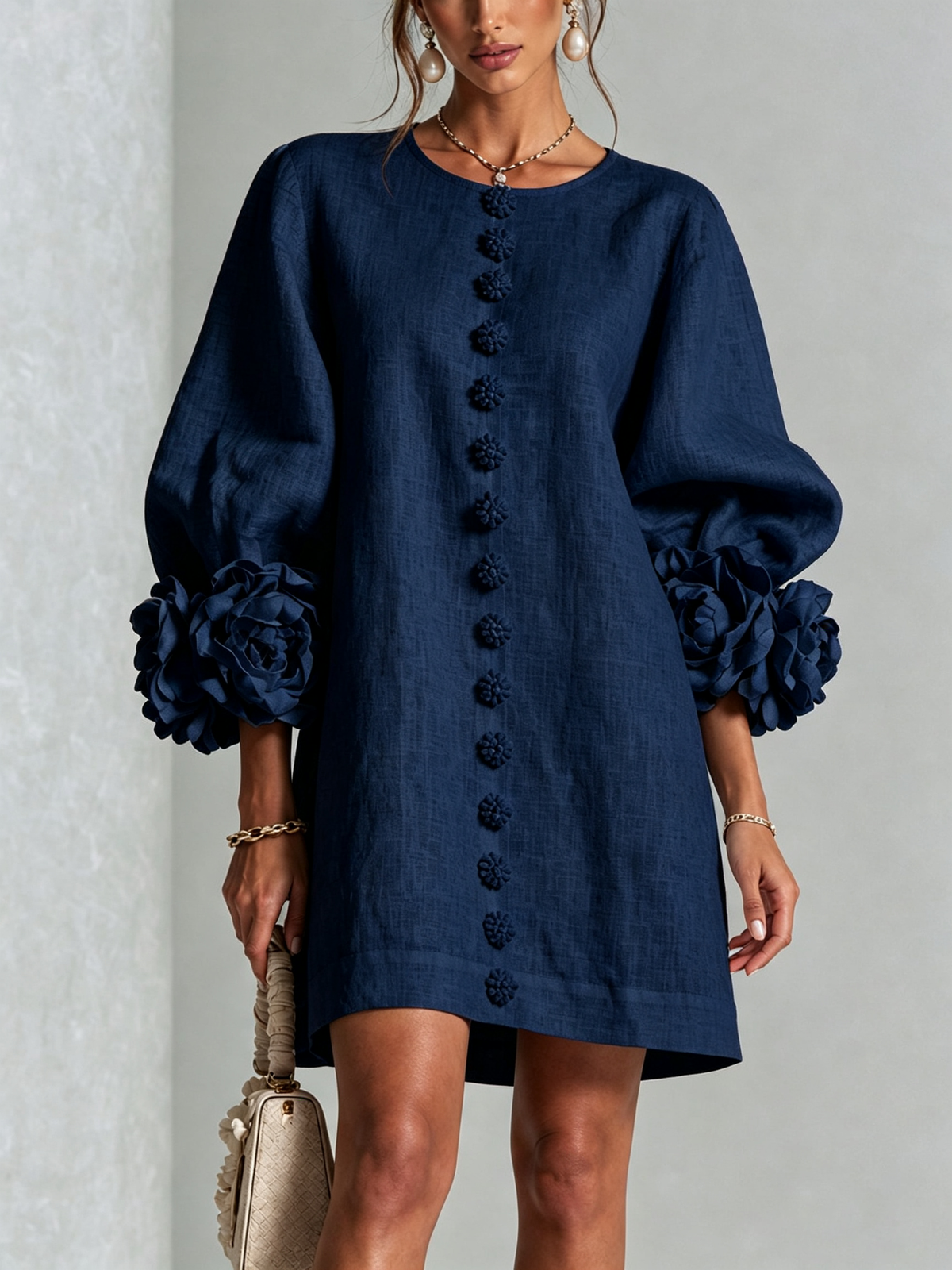 Damen Romantisches Minikleid mit Rosen an den Ärmelbündchen