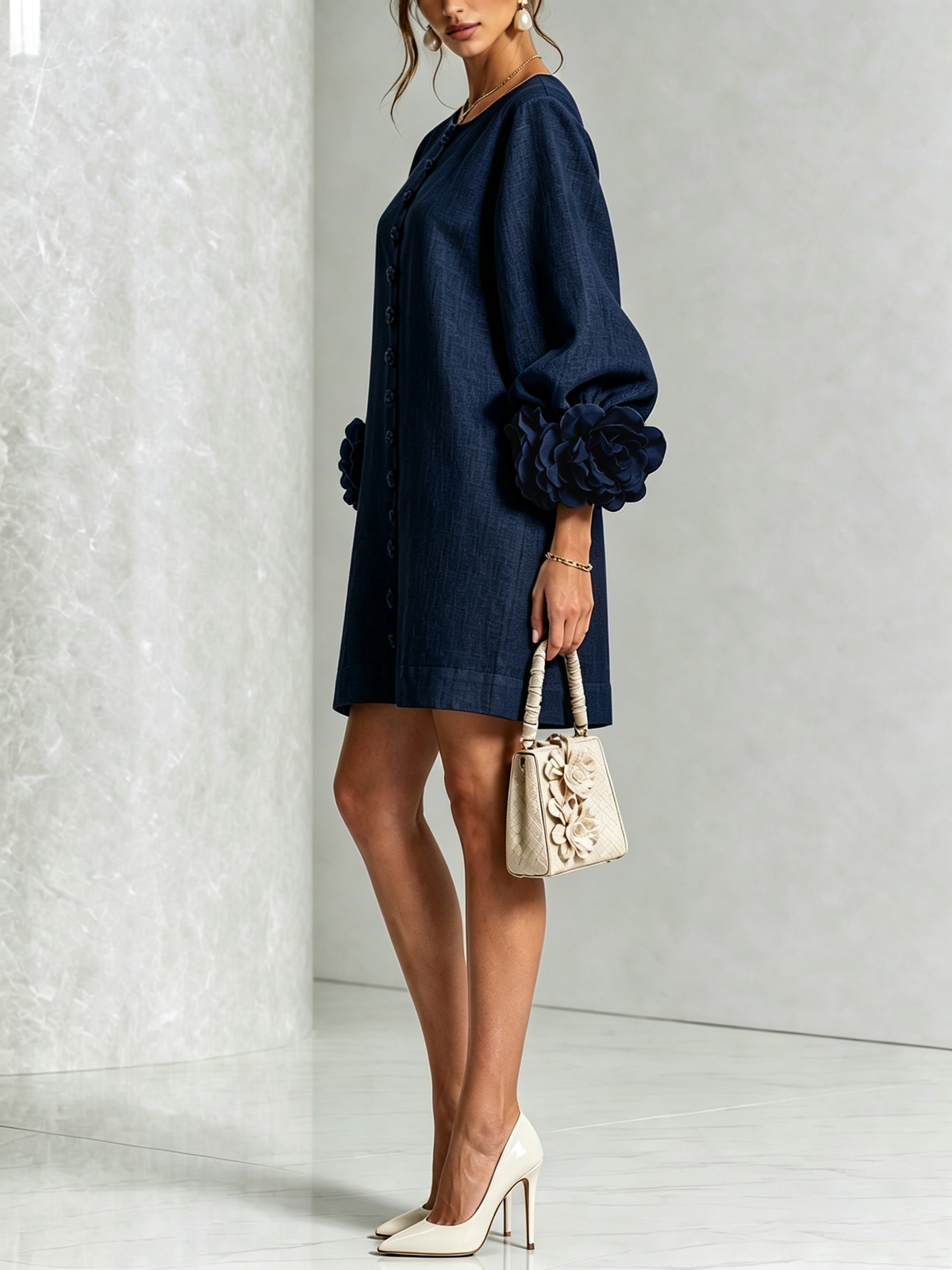 Damen Romantisches Minikleid mit Rosen an den Ärmelbündchen