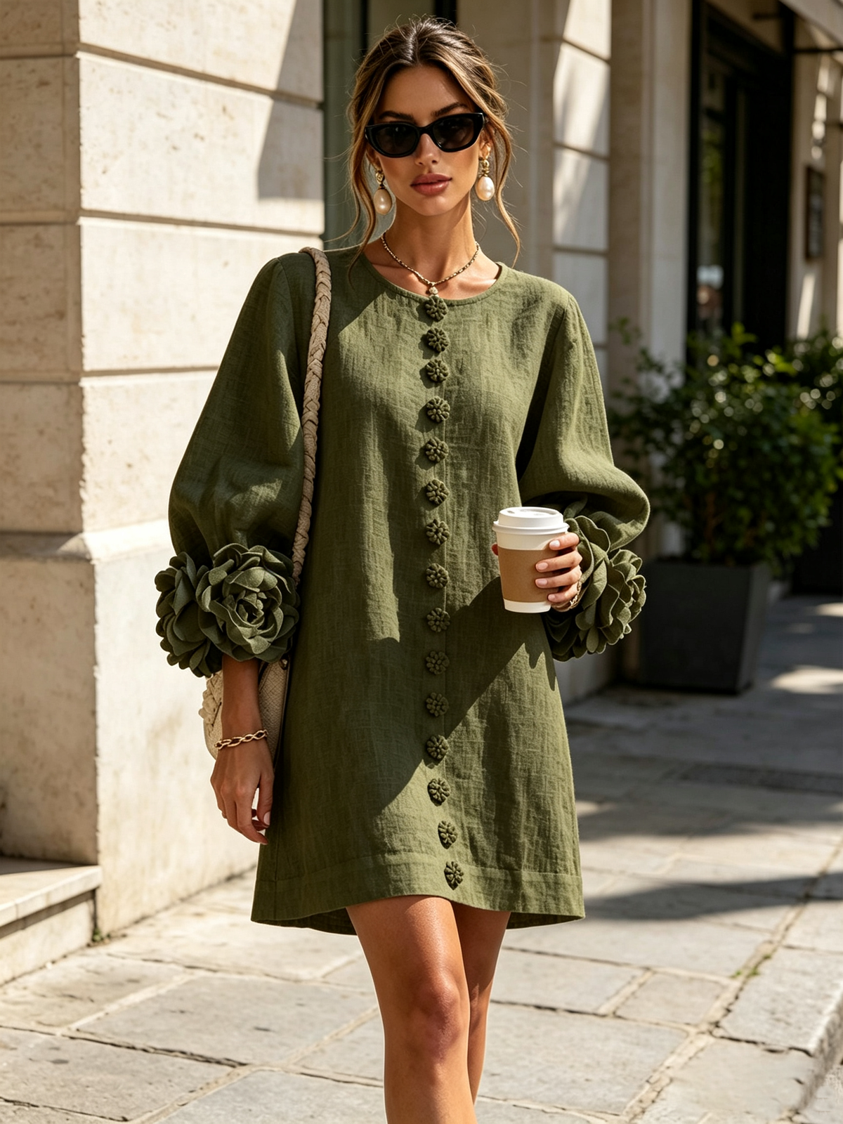 Damen Romantisches Minikleid mit Rosen an den Ärmelbündchen