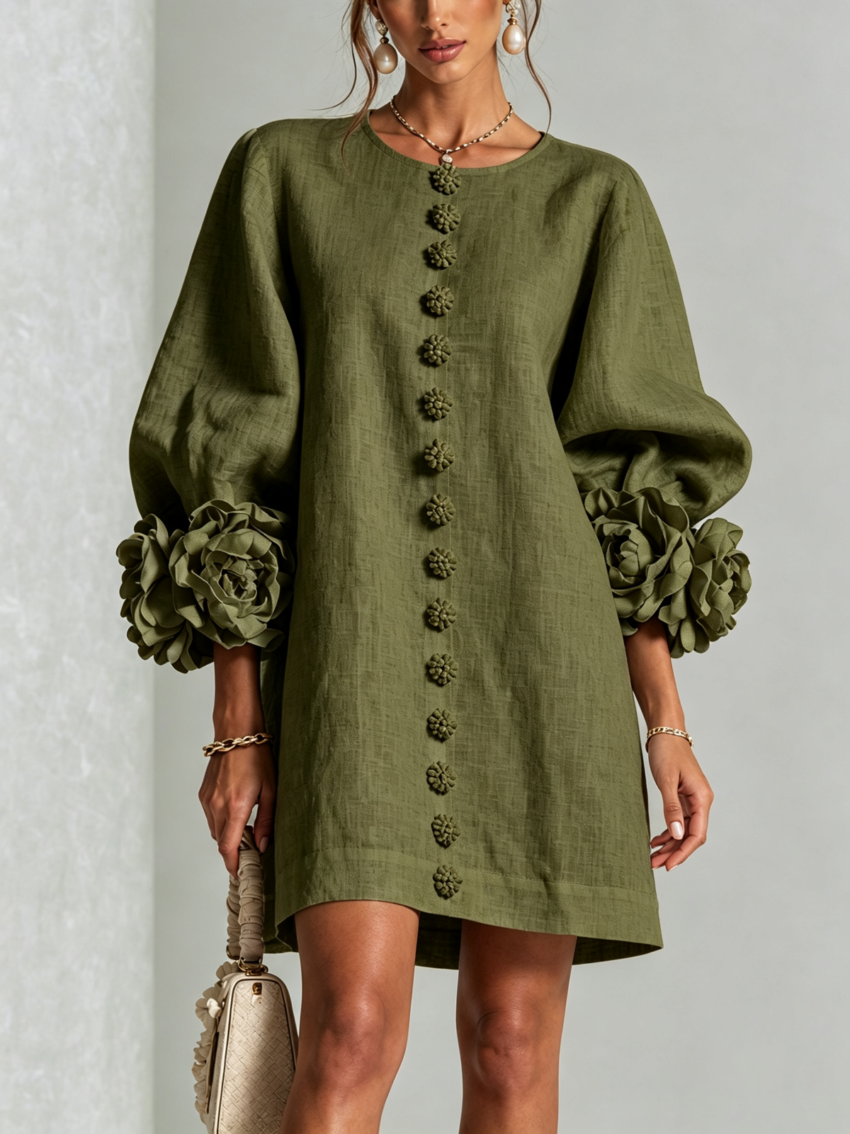Damen Romantisches Minikleid mit Rosen an den Ärmelbündchen