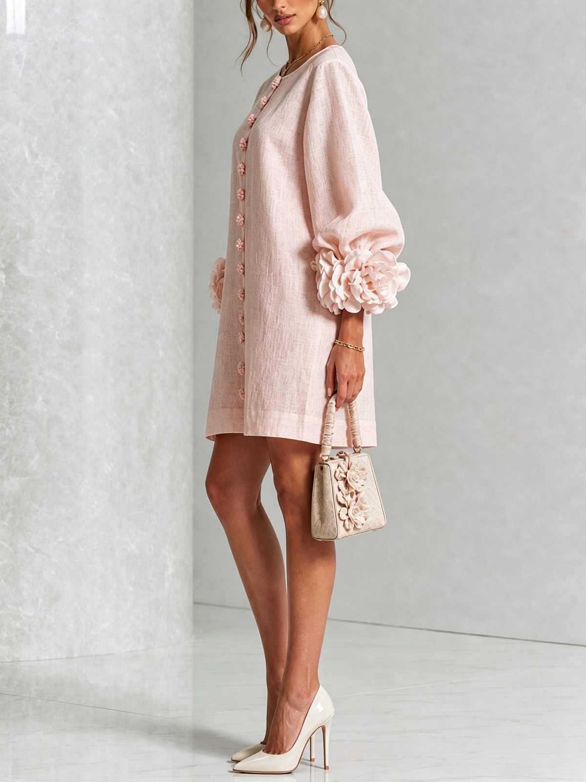 Damen Romantisches Minikleid mit Rosen an den Ärmelbündchen