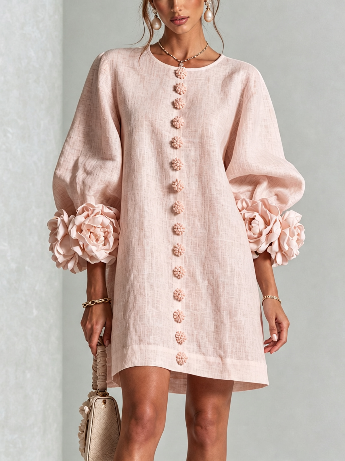 Damen Romantisches Minikleid mit Rosen an den Ärmelbündchen