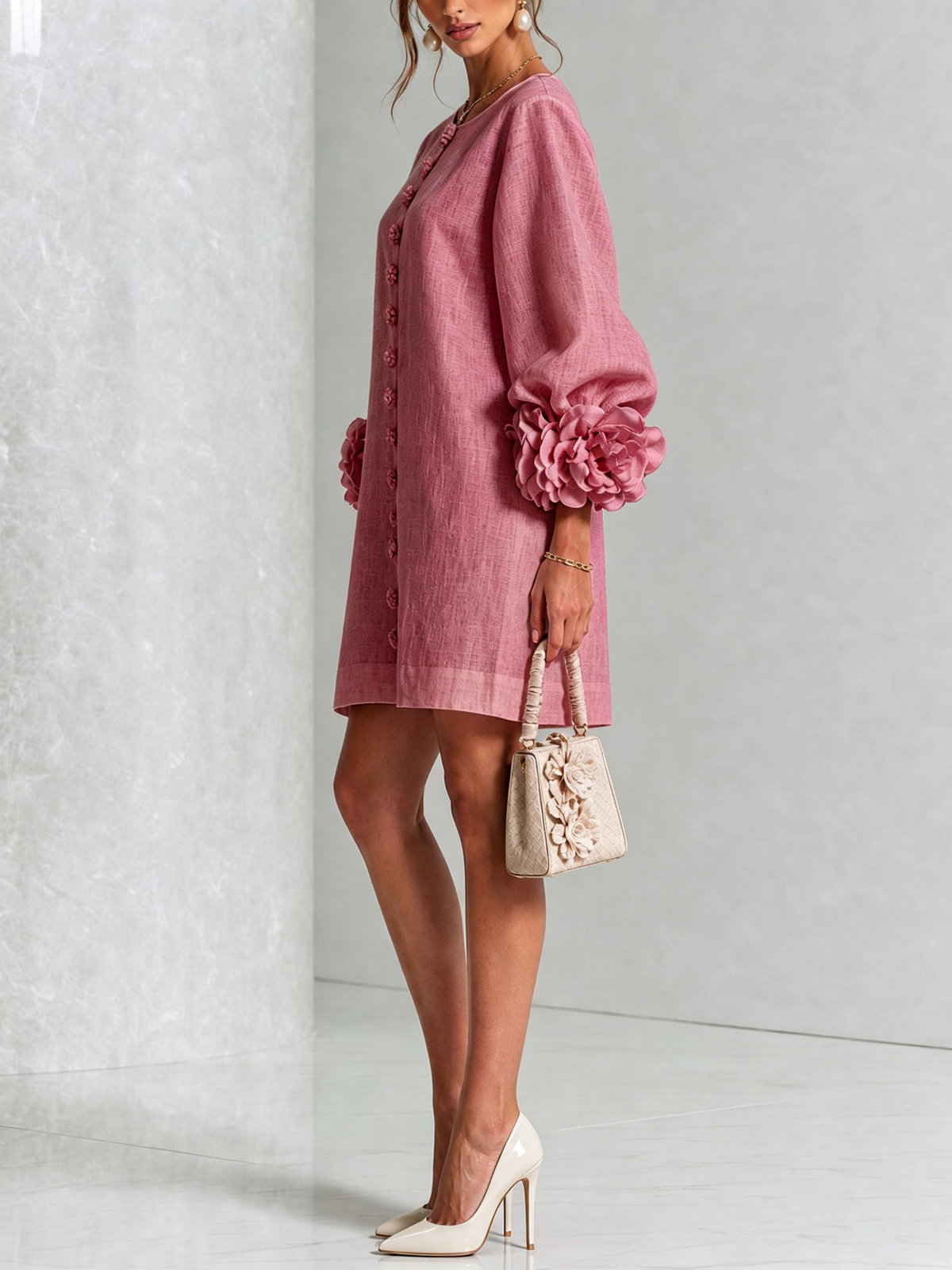 Damen Romantisches Minikleid mit Rosen an den Ärmelbündchen