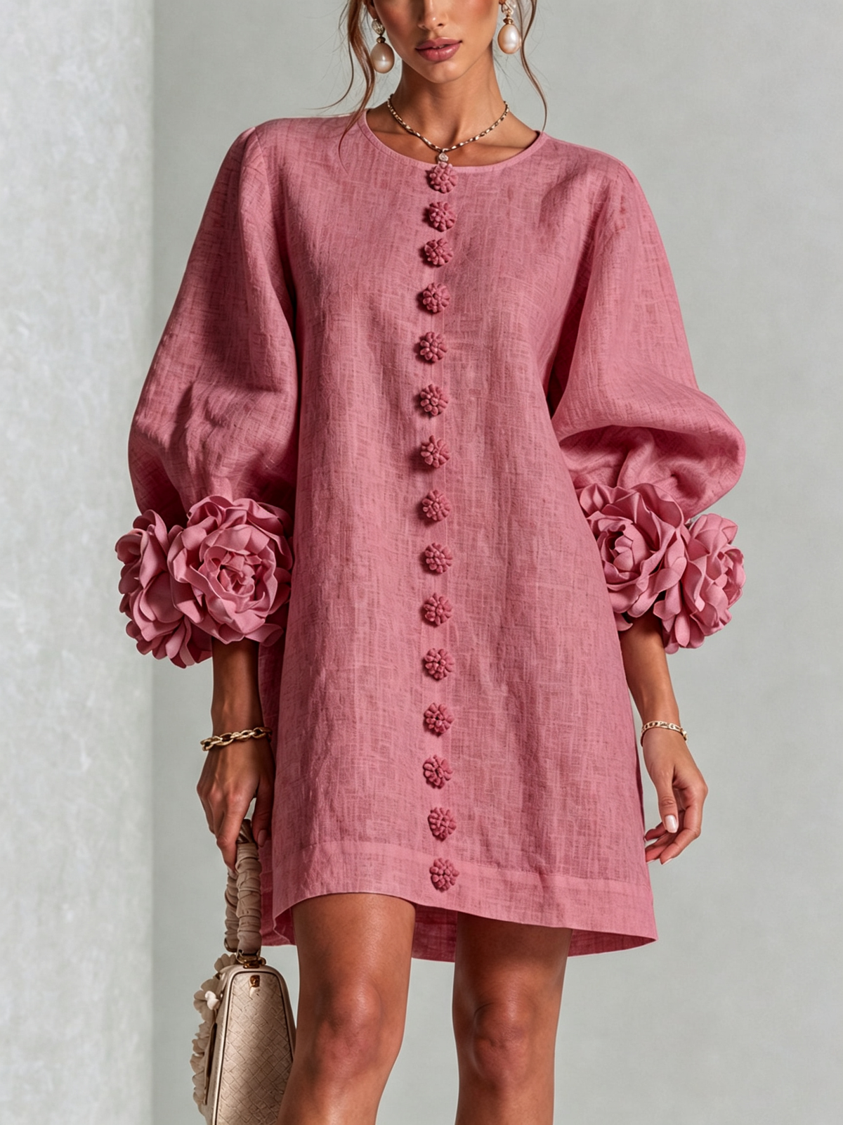 Damen Romantisches Minikleid mit Rosen an den Ärmelbündchen