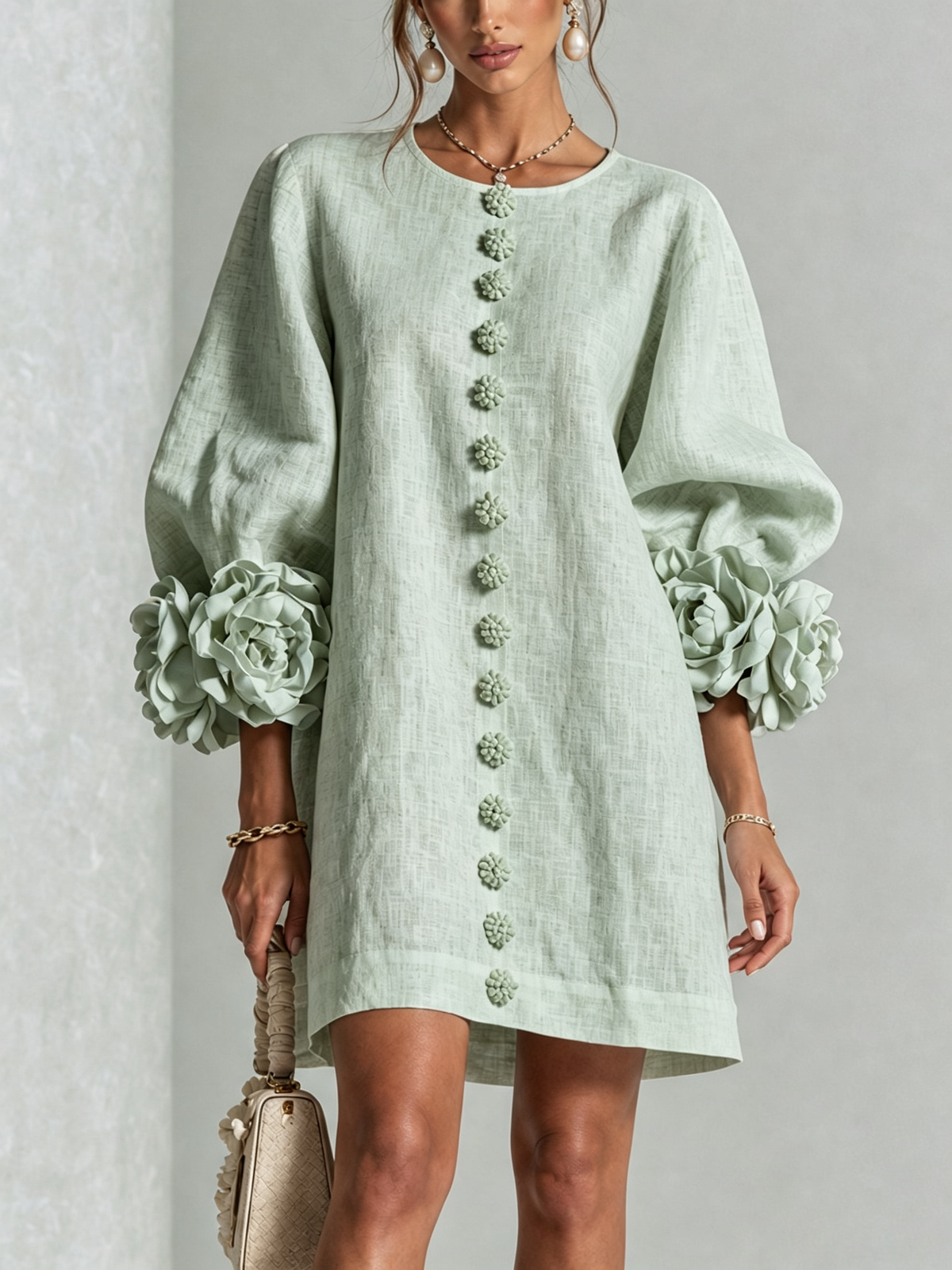 Damen Romantisches Minikleid mit Rosen an den Ärmelbündchen