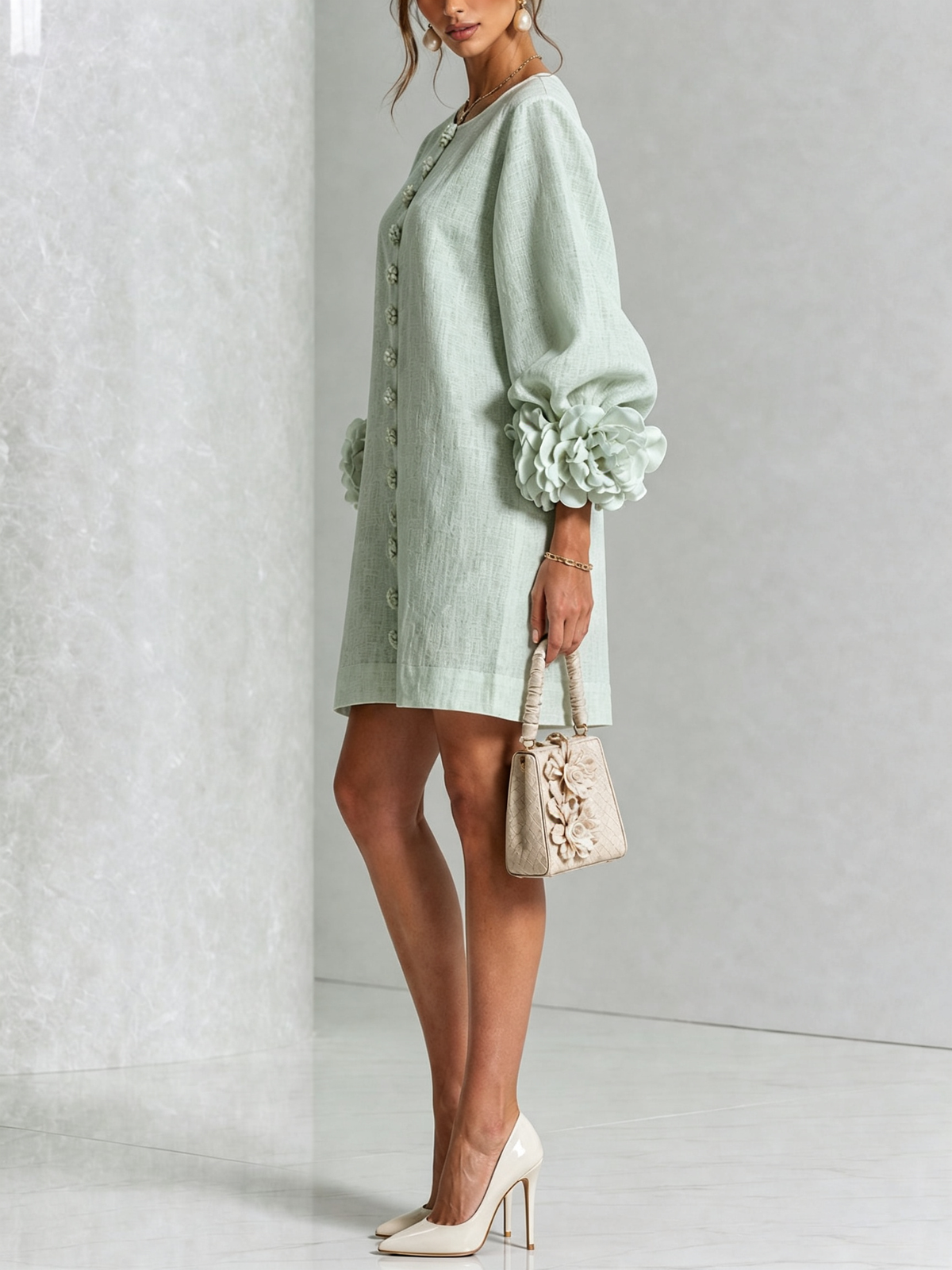 Damen Romantisches Minikleid mit Rosen an den Ärmelbündchen