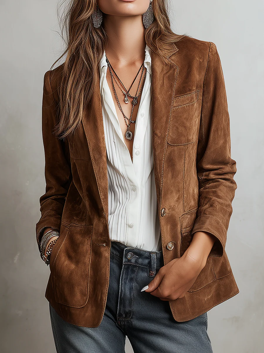 Damen Eleganter Vintage-Blazer mit Kontrastnähten in Braun