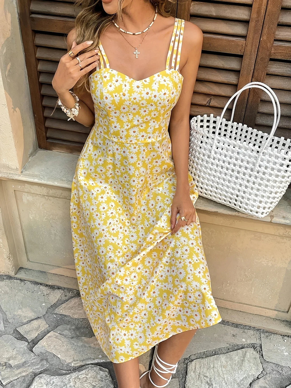 Damen Sommerkleid - ärmellos, offener Rücken, Blumendruck, 3 Träger, V-Ausschnitt, luftig & elegant