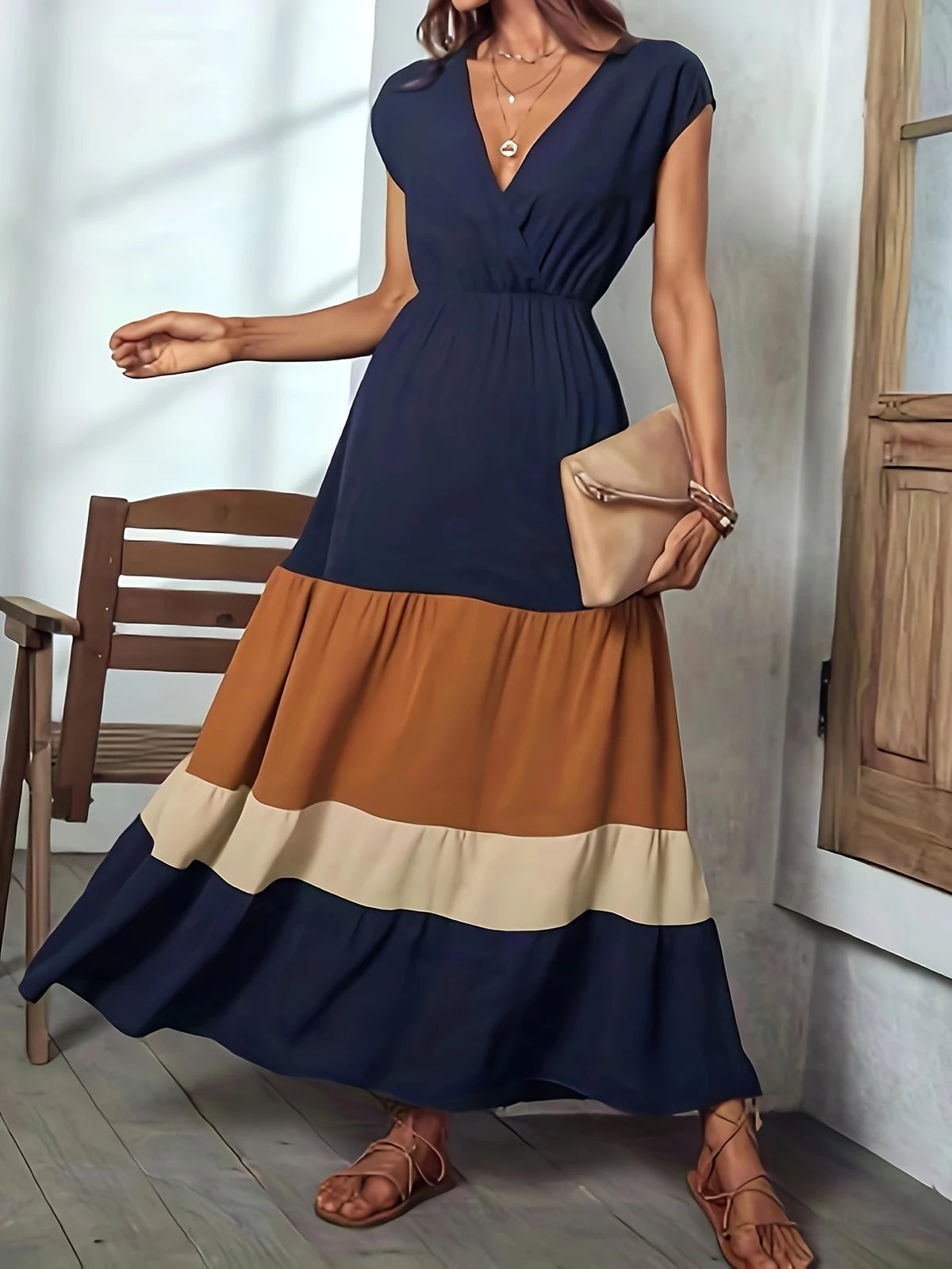 Elegantes Color-Block Surplice Neck Maxi Kleid Ärmellos Sommerkleid