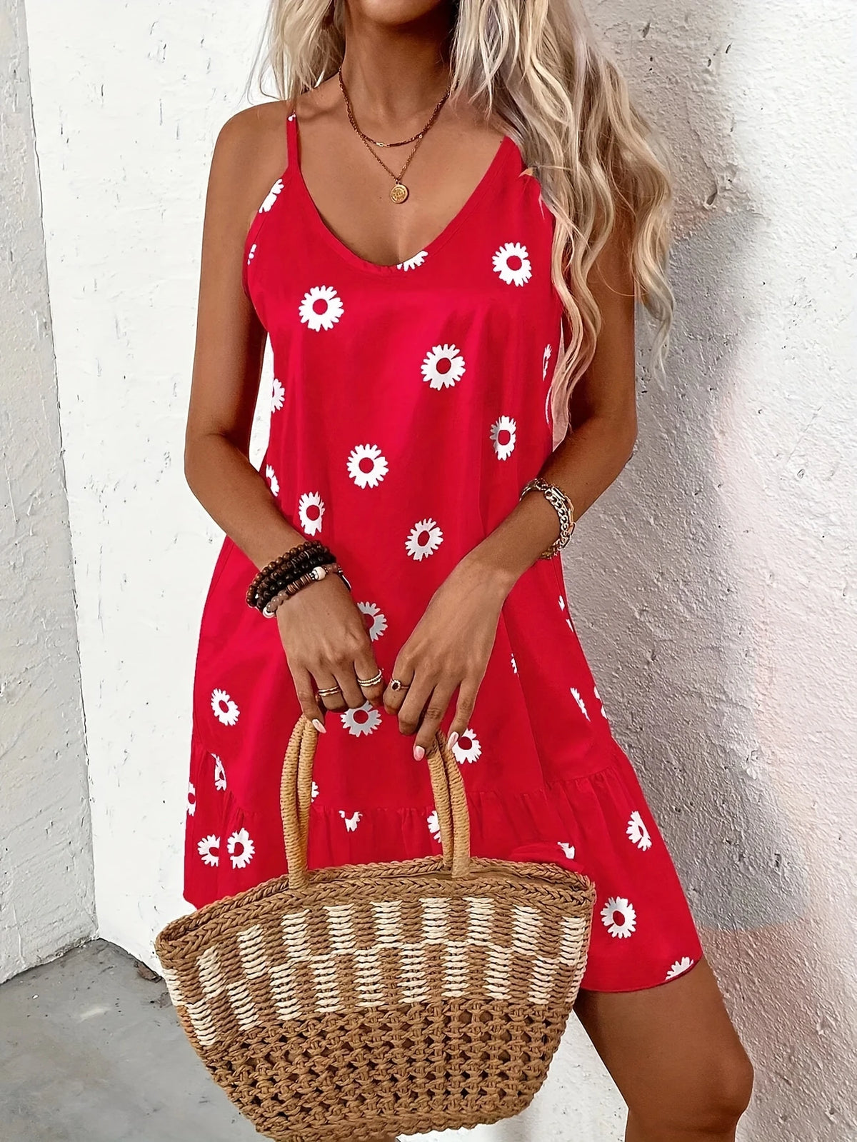 Elegantes Blumenmuster Kleid V-Ausschnitt, Rüschen Saum, A-Linie