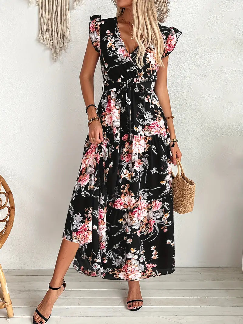 Schwarzes Swingkleid mit Blumenmuster Elegantes Sommerkleid mit Rüschenärmeln und Gürtel
