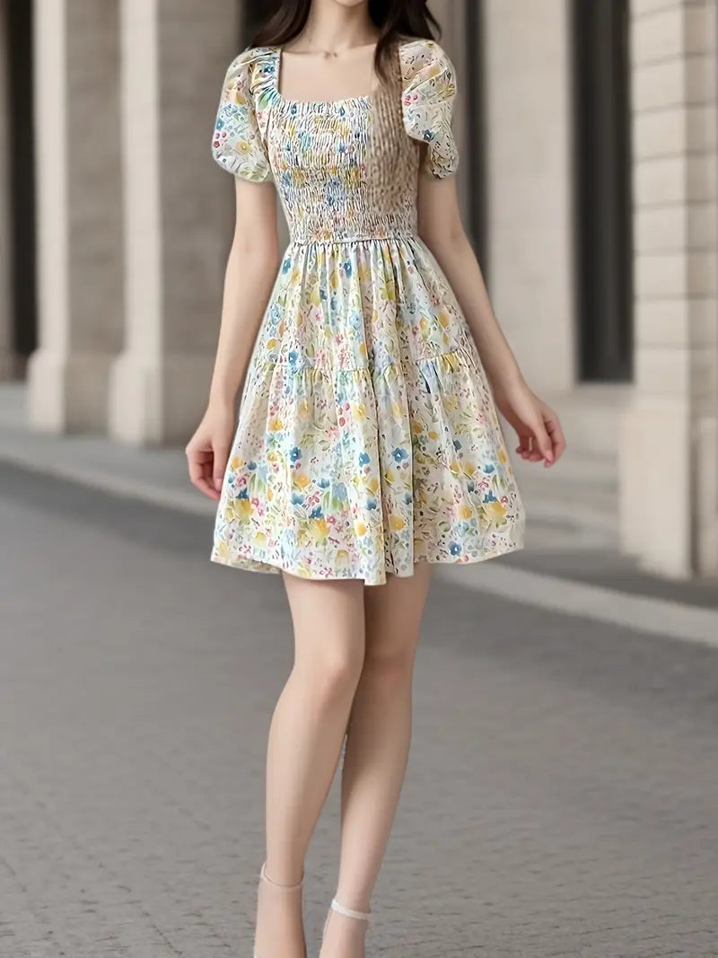 Gelbes Blumenkleid - Quadratischer Ausschnitt & Puffärmel Sommerkleid