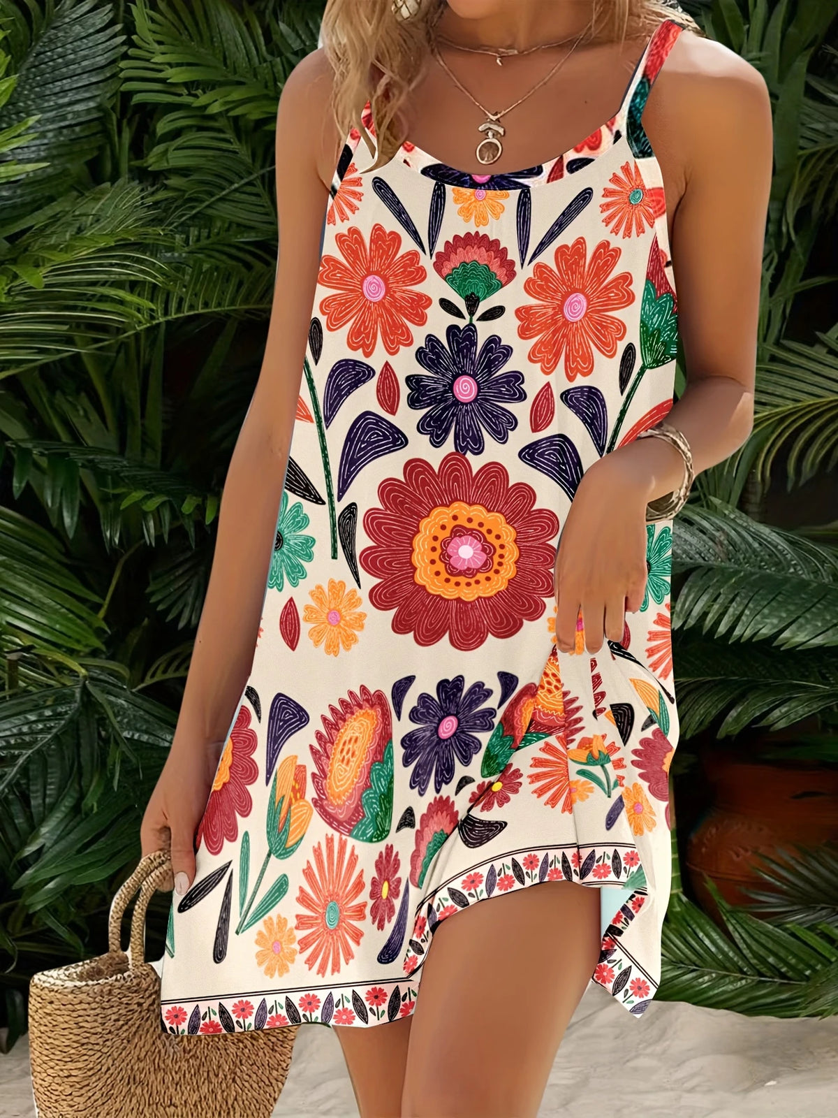Vibrantes Blumendruck Kleid mit A-Linie – Ärmelos Polyester-Mix Perfekt für Sommer