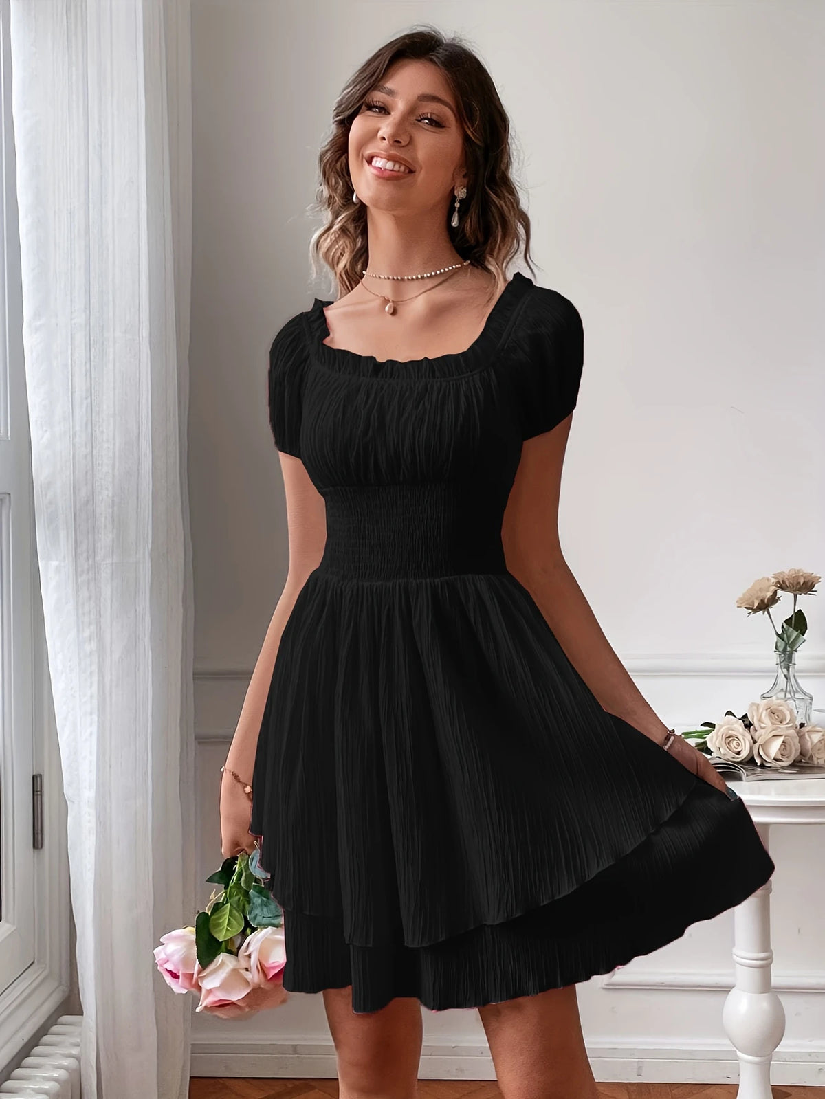 Elegantes Schulterfrei A-Linien Mini-Kleid für Damen Rüschendes Oberteil