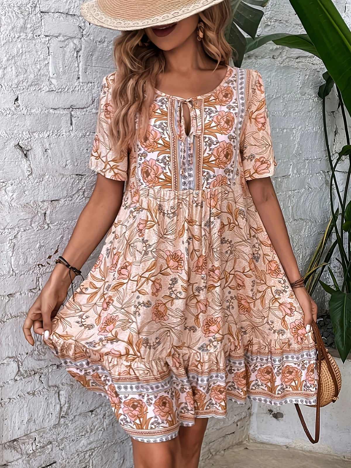 Paisley V-Ausschnitt Midi Kleid für Damen Halbärmel A-Linie Leichter Stoff