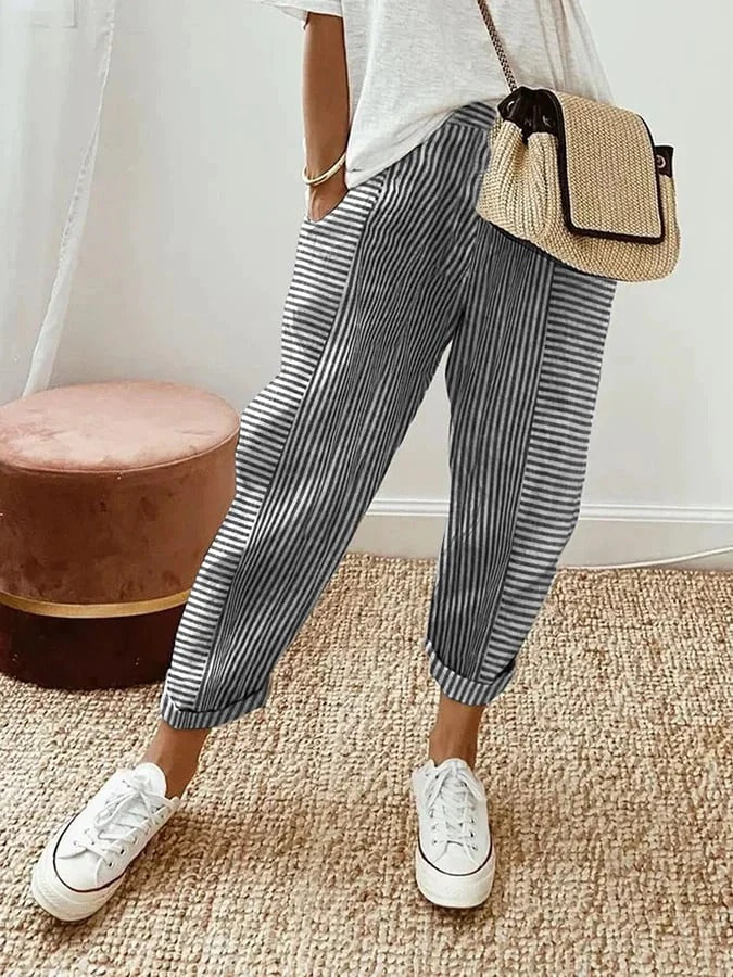 Damen Elegante Gestreifte Hose mit Kordelzug